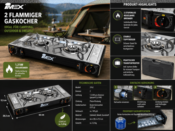 2 flammig Edelstahl Gaskocher Campingkocher Outdoor  mit Grillaufsatz und Koffer