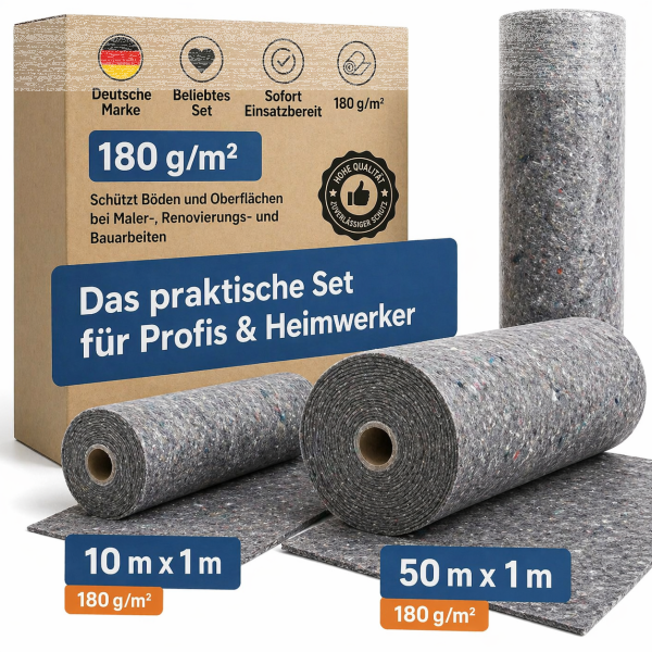 Malerabdeckvlies Grau 10m/50m x 1m 180g/m² - Malervlies Abdeckvlies für Malerarbeiten und Renovierung